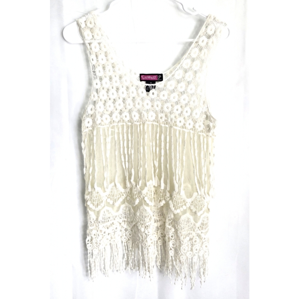 SayWhat Boho Cream Crochet Fringe Camisole Tank Top M